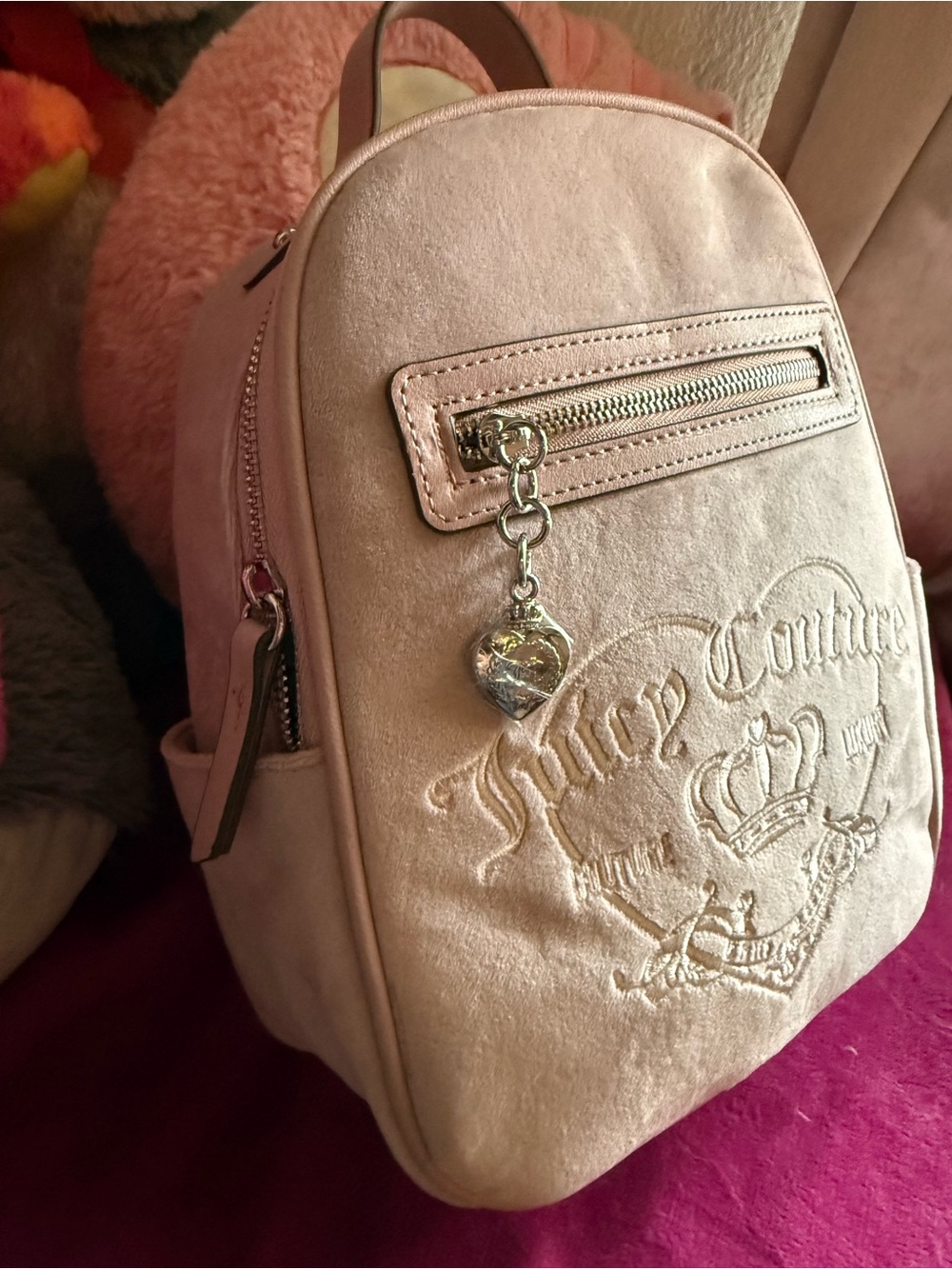Juicy Couture Blush Pink Girlie Royalty Velvet Med. Backpack with Heart Charm